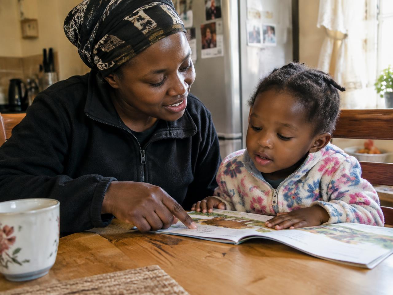 Caregiver reading with a young child