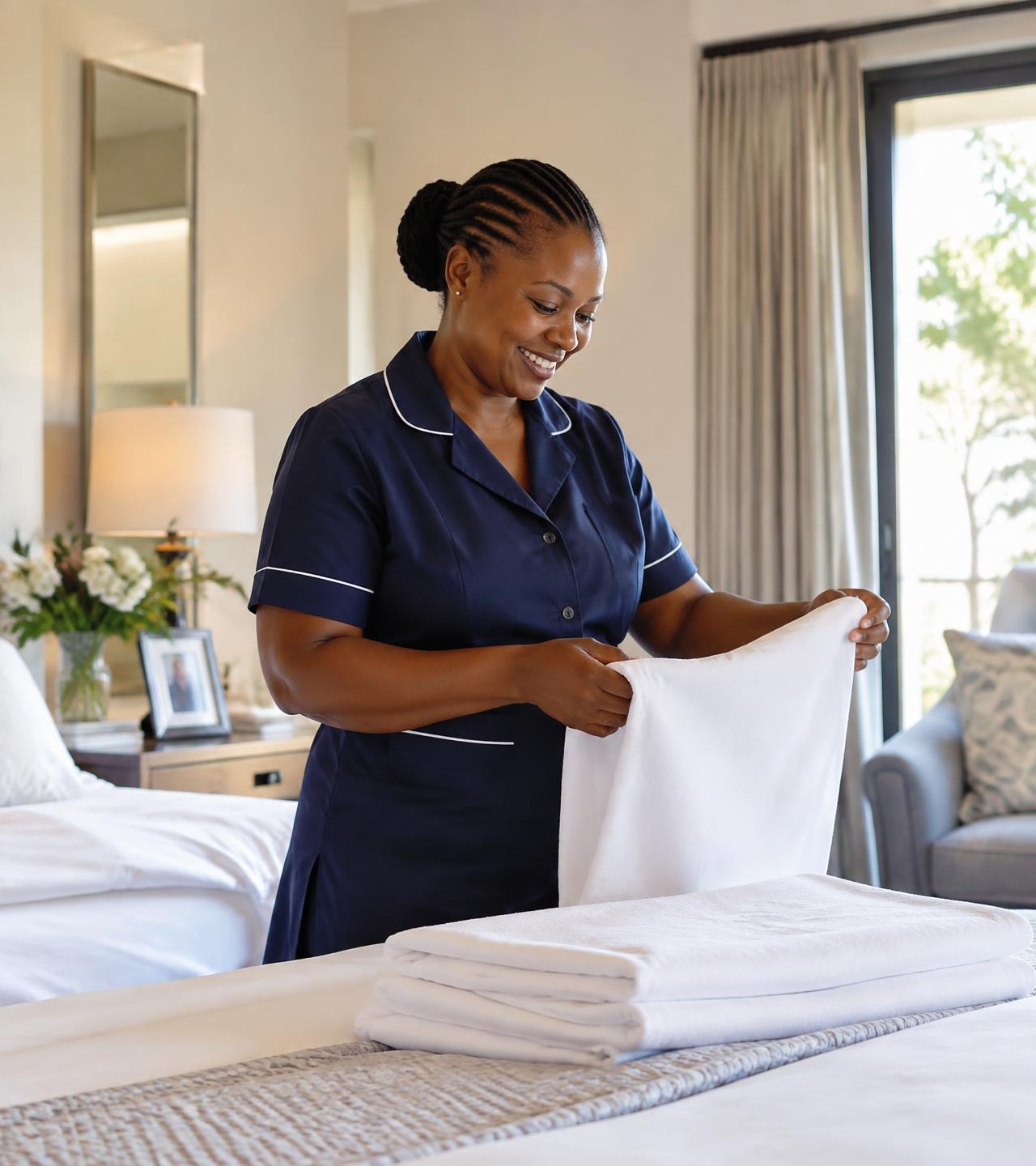Domestic worker folding linen in a bright home